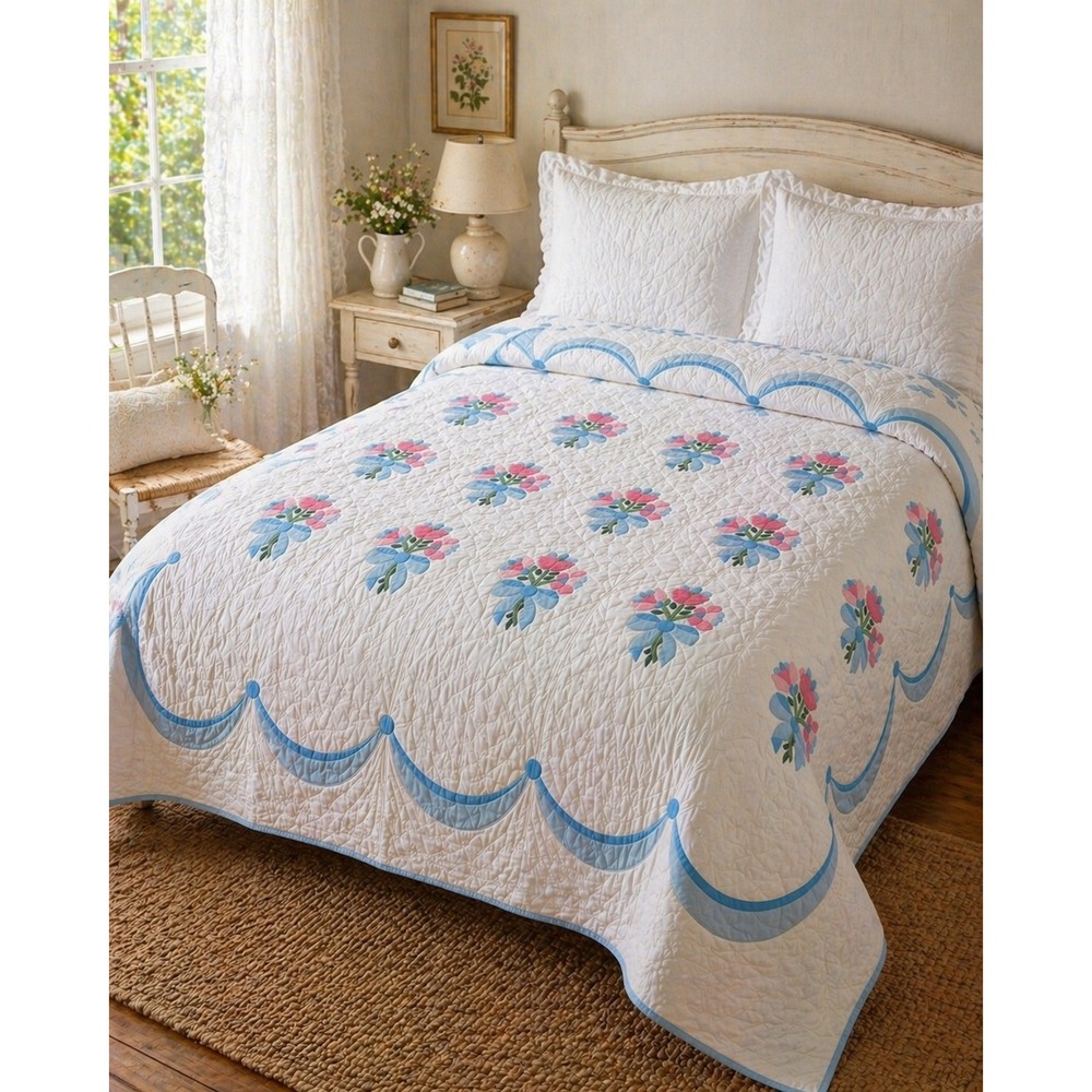 Vintage Cottage Floral Quilt Blue Pink‎ Bow Motif Queen 90x100 Arch